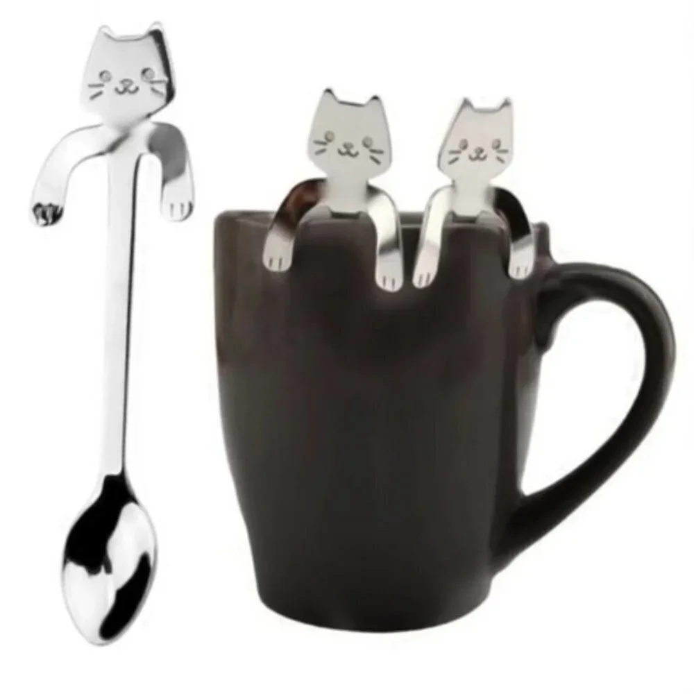 Cat Spoons Tea Spoons Stirrers Cup Hugging Kitty Cats Stainless Steel 2 PC Set